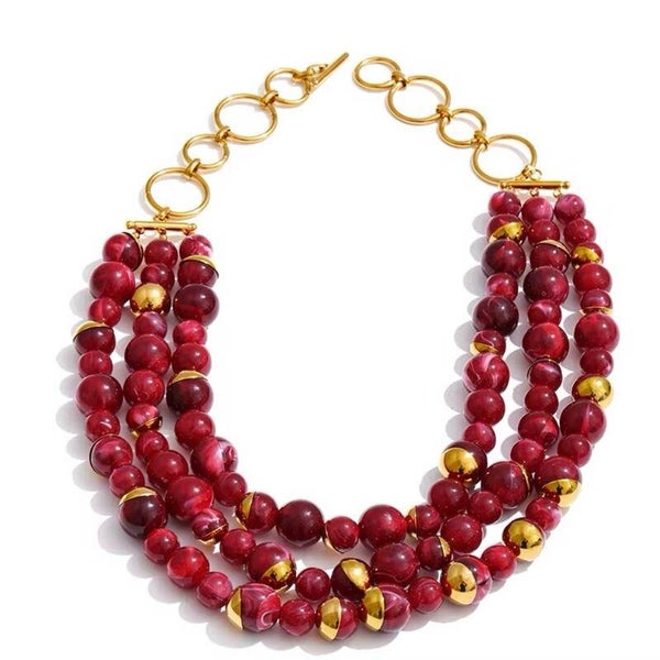 Collana con tre fili di pietre in resina e acciaio inossidabile