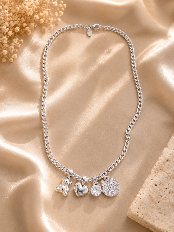 Collana TEDDY silver in acciaio inossidabile, regolabile, con charms