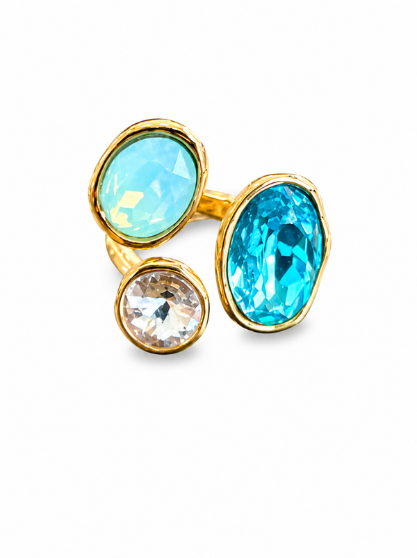 anello regolabile in acciaio inossidabile e zirconi celesti e acqua marina