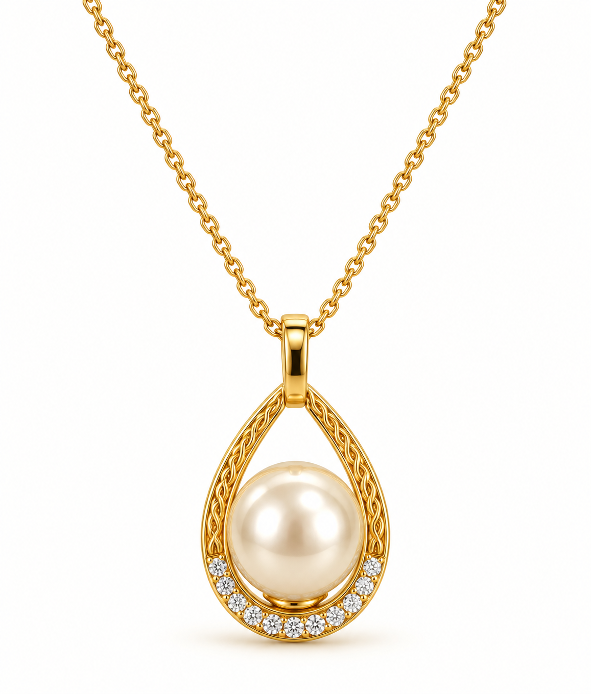 Collana regolabile in acciaio con pendente tridimensionale con perla e strass