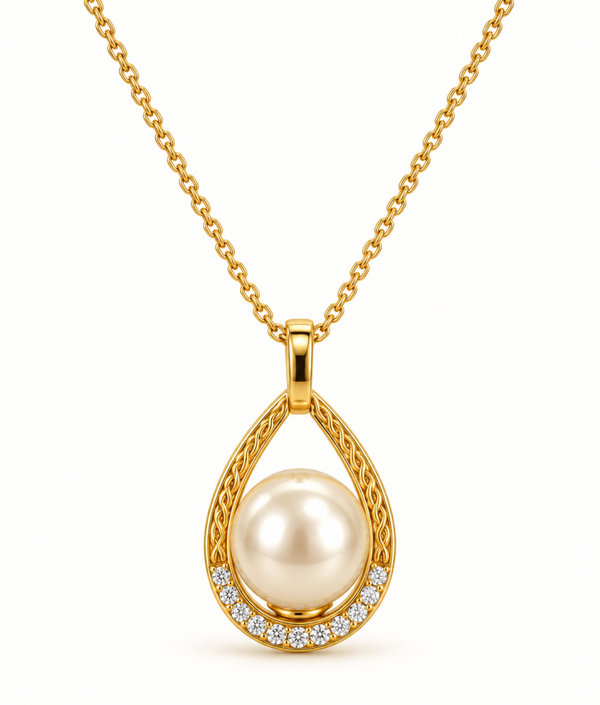 Collana regolabile in acciaio con pendente tridimensionale con perla e strass