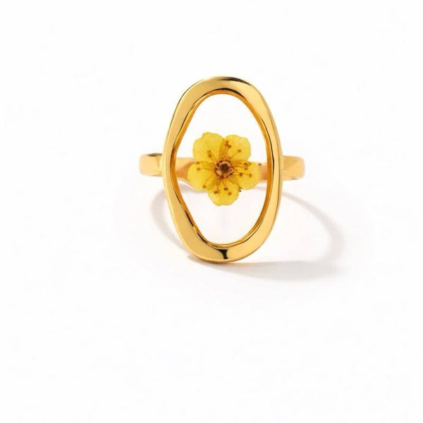 Anello in acciaio regolabile con fiori veri gialli essiccati