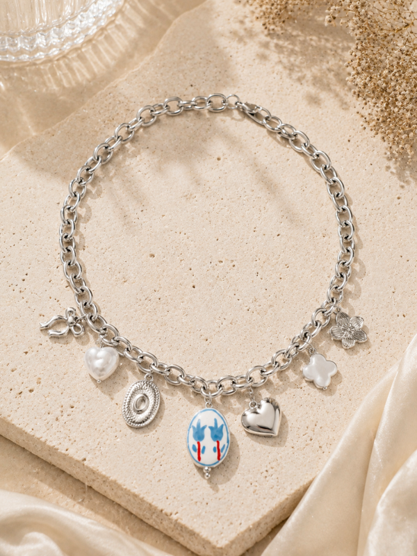 Collana silver in acciaio inossidabile , regolabile con charms in ceramica