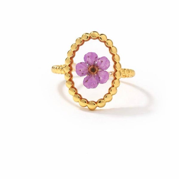 Anello in acciaio regolabile con fiori veri essiccati viola