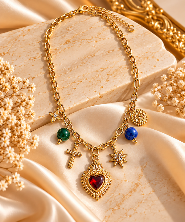 Collana cuore sacro e charms in acciaio, regolabile