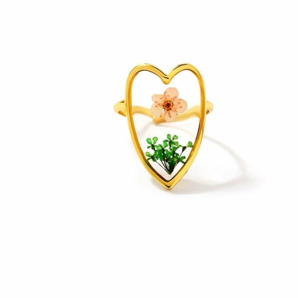 Anello cuore regolabile in acciaio con fiori veri essiccati