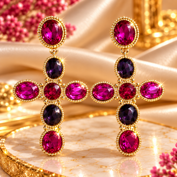 Orecchini croce in acciaio 316L fucsia e viola con cristalli in vetro