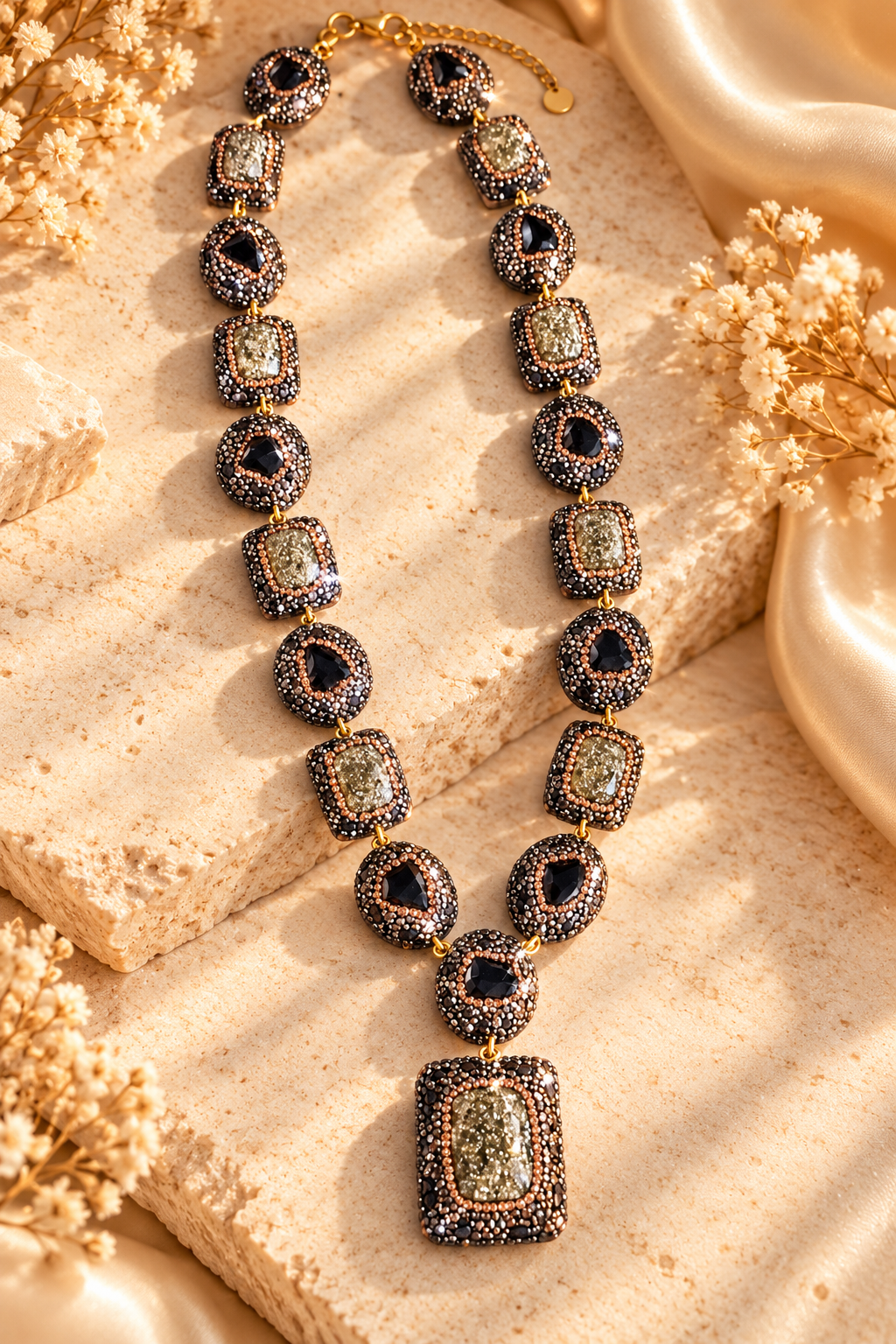 Collana lunga con pietre naturali brillanti nere e verde   LIZ