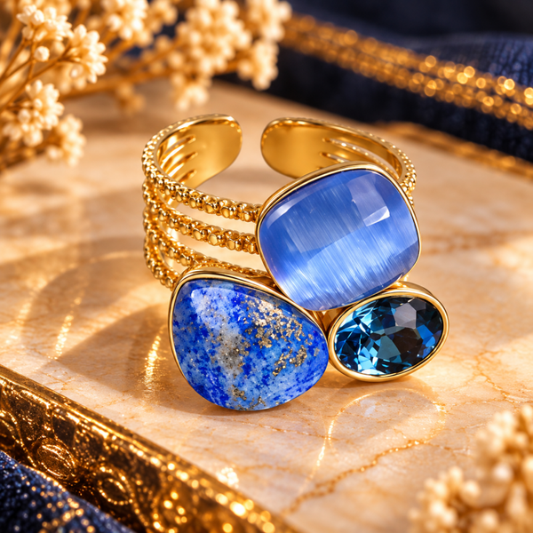Anello in acciaio regolabile , pietra blu