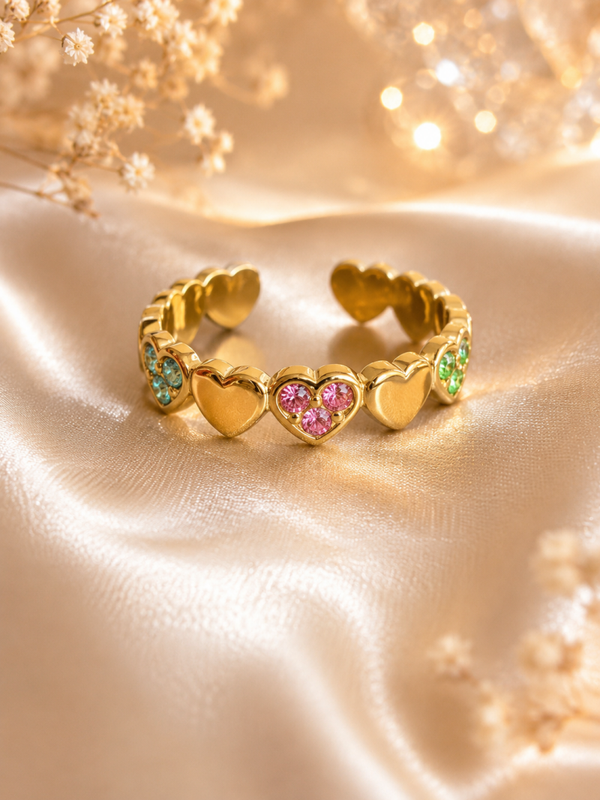 anello regolabile in acciaio inossidabile con cuoricini colorati