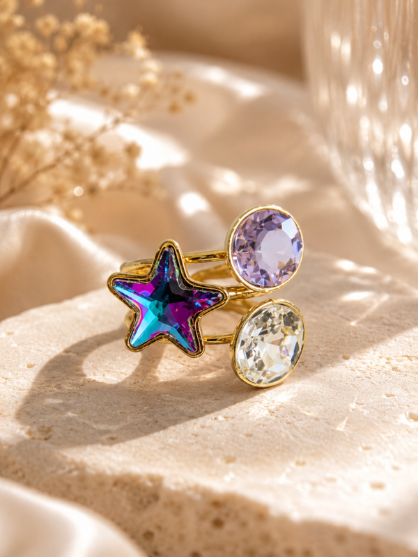 Anello regolabile STAR in acciaio inossidabile e zirconi colorati