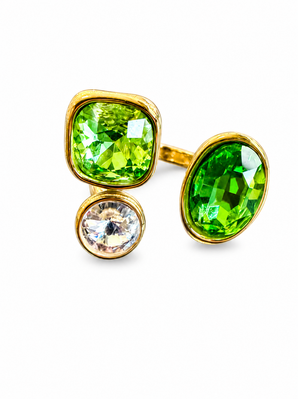 anello regolabile in acciaio inossidabile e zirconi verdi e bianco