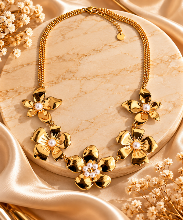Collana multifilo con fiori preziosi in acciaio e perle , regolabile
