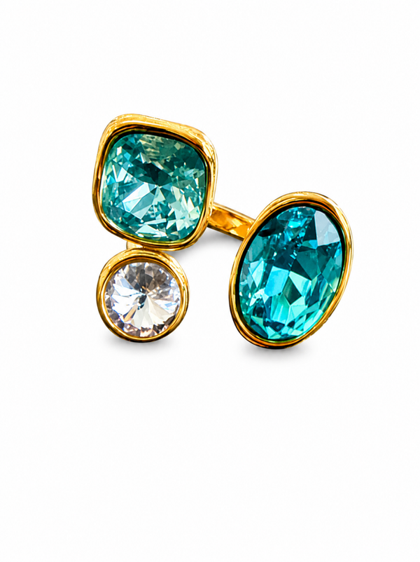 anello regolabile in acciaio inossidabile e zirconi celesti e bianco
