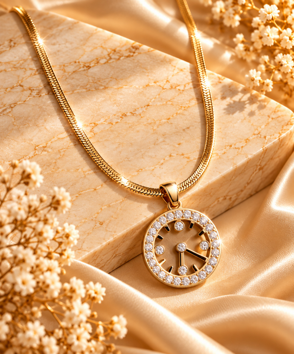 Collana snake con ciondolo orologio con strass bianchi , regolabile, in acciaio