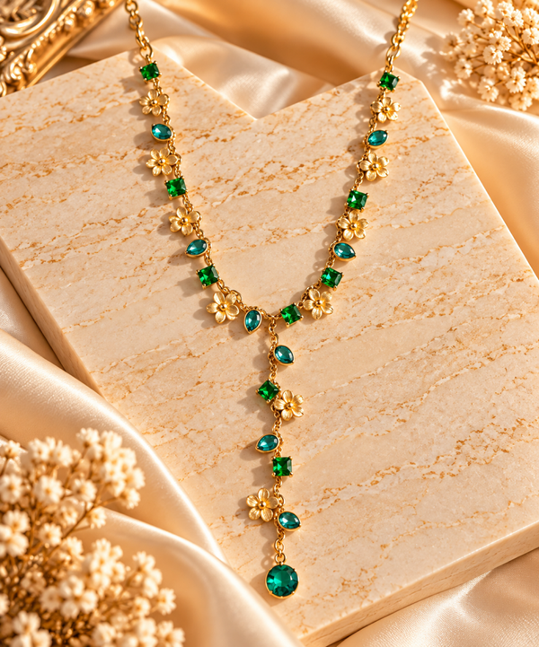 Collana a Y FIORI PREZIOSI E VERDE , in acciaio , regolabile