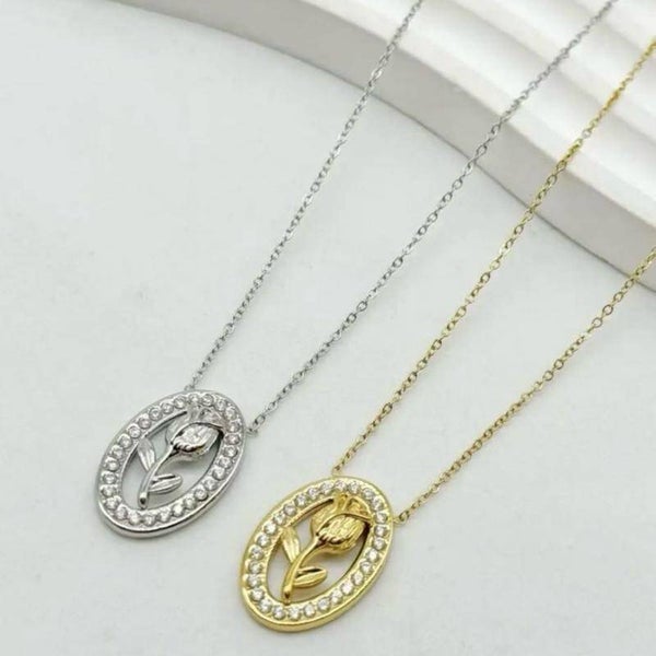 Collana tulipano in acciao inossidabile e zirconi regolabile-silver