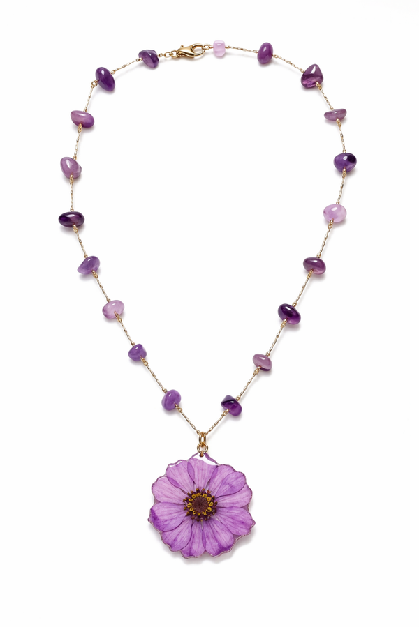 Collana in acciaio e ametista con fiori veri essiccati