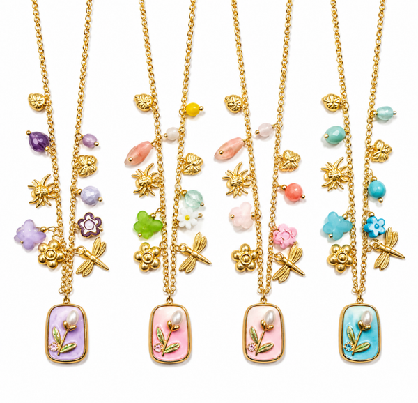 collana tulipano e perla con charms colorati in acciaio , reegolabile