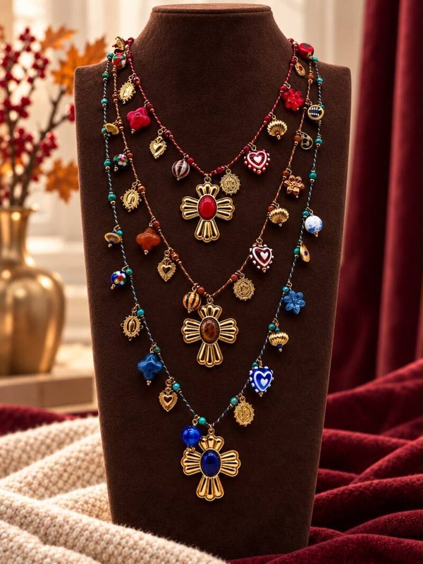 Collana lunga in acciaio e pietre colorate