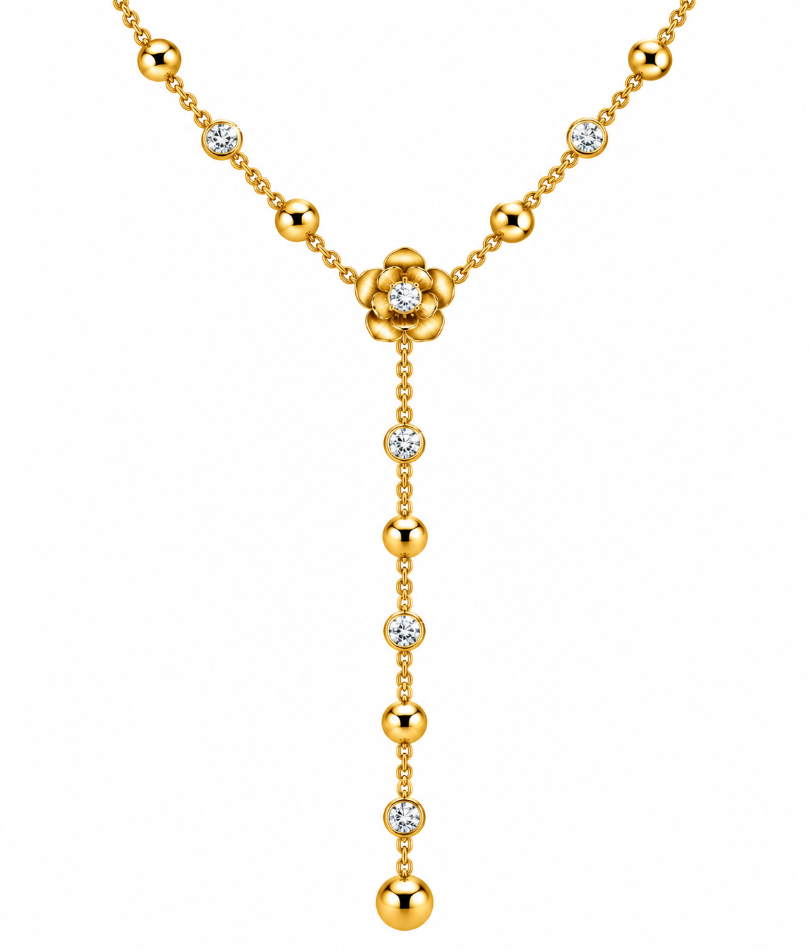 Collana  Y con fiorellino centrale e strass, regolabile, in acciaio