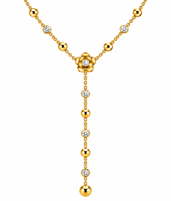 Collana  Y con fiorellino centrale e strass, regolabile, in acciaio