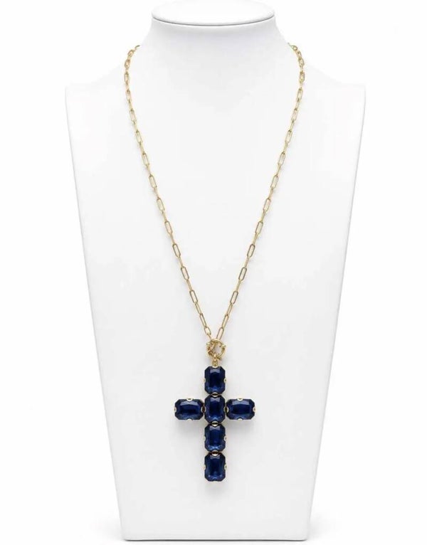 Collana lunga con croce grande in acciaio e cristalli