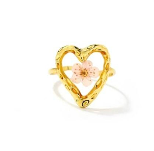 Anello regolabile in acciaio con fiore vero essiccato