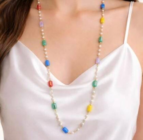 Collana lunga regolabile in acciaio inossidabile con perline multicolor