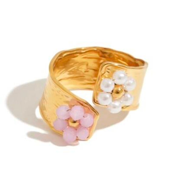 Anello Flora in acciaio inossidabile con fiorellini di perline