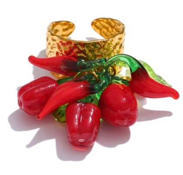 Anello Positano con peperoncini , margherite e peperoni in acciaio regolabile