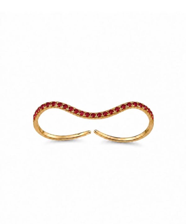 Anello due dita regolabile , in acciaio , pietre rosse