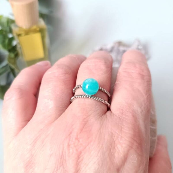 Bague Réglable en Argent Sterling 925 rhodié et Amazonite Naturelle - Taille Ajustable, Pierre de Sérénité