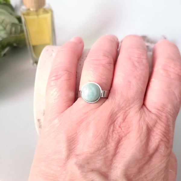 Bague Acier Inoxydable Réglable avec Amazonite Ronde - Élégance Naturelle