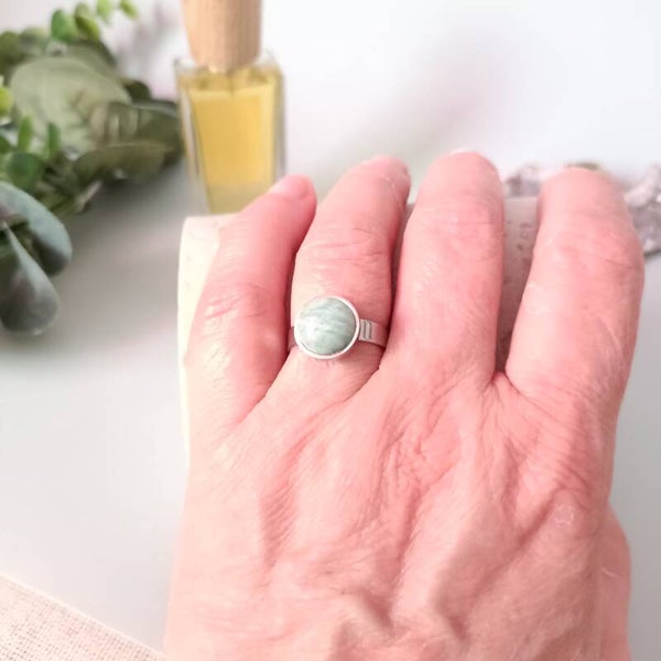 Bague Acier Inoxydable Réglable avec Amazonite Ronde - Élégance Naturelle