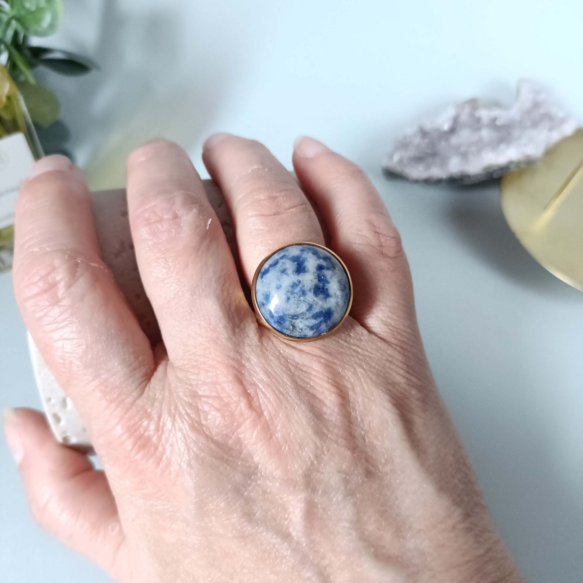 Bague Sodalite Bleue et Acier Inoxydable Doré - Ajustable