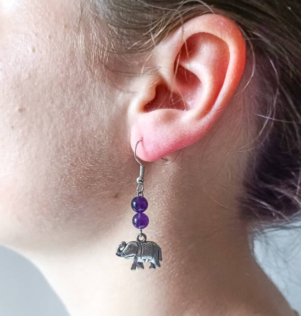 Boucles d'Oreilles "Sagesse Éternelle" - Éléphants en Acier Inoxydable et Perles d'Améthyste
