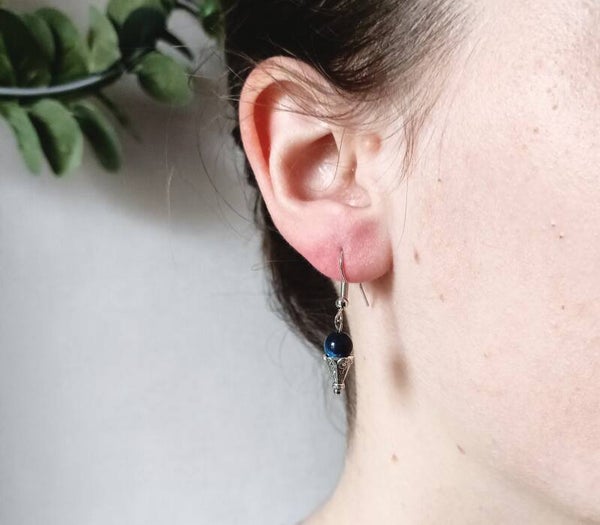 Boucles d'Oreilles Œil de Tigre Bleu et Acier Inoxydable | Lithothérapie