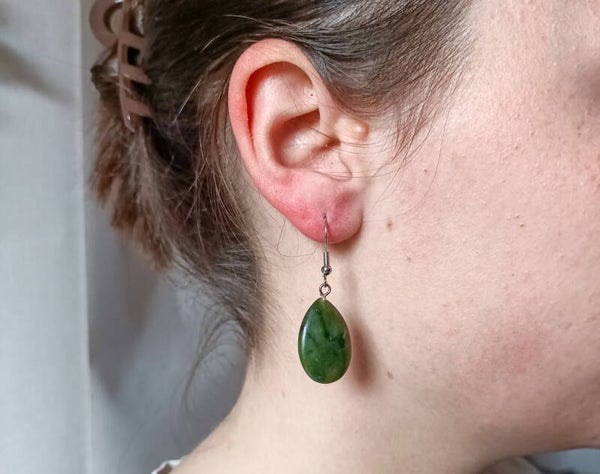 Boucles d'Oreilles Goutte en Serpentine Naturelle et Acier Inoxydable