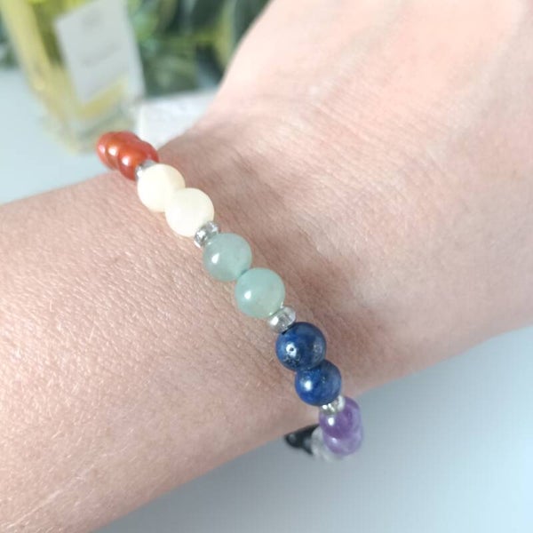 Bracelet 7 Chakras et Onyx en Acier Inoxydable - Équilibre et Protection - 15cm + 5cm