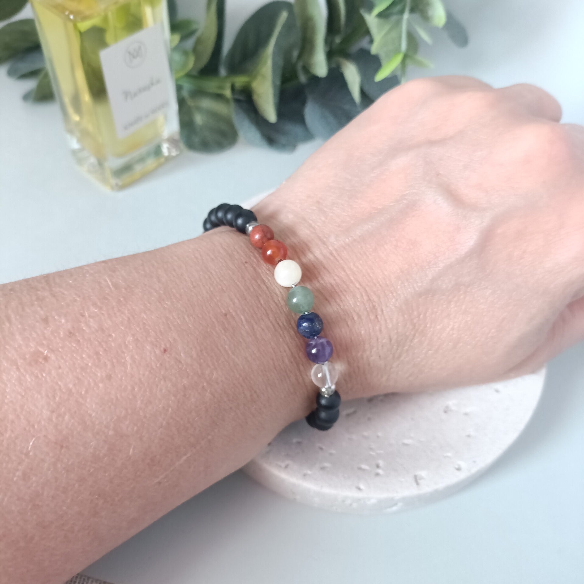 Bracelet 7 Chakras et Onyx en Acier Inoxydable - Équilibre et Protection - 15cm + 5cm