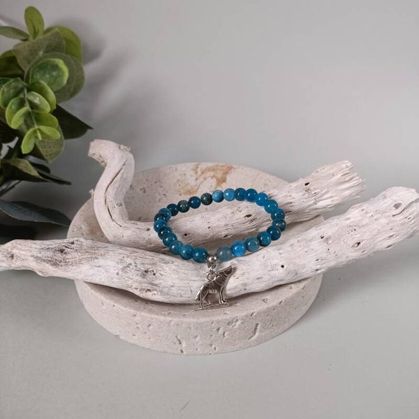 Bracelet Apatite Bleue et Loup - Élastique 13 cm