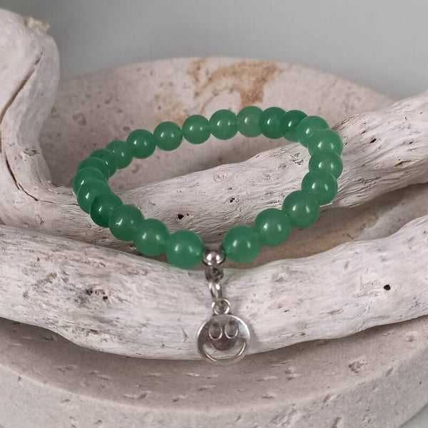 Bracelet en Aventurine Verte pour Enfant – Élastique 13 cm & Charm Smiley