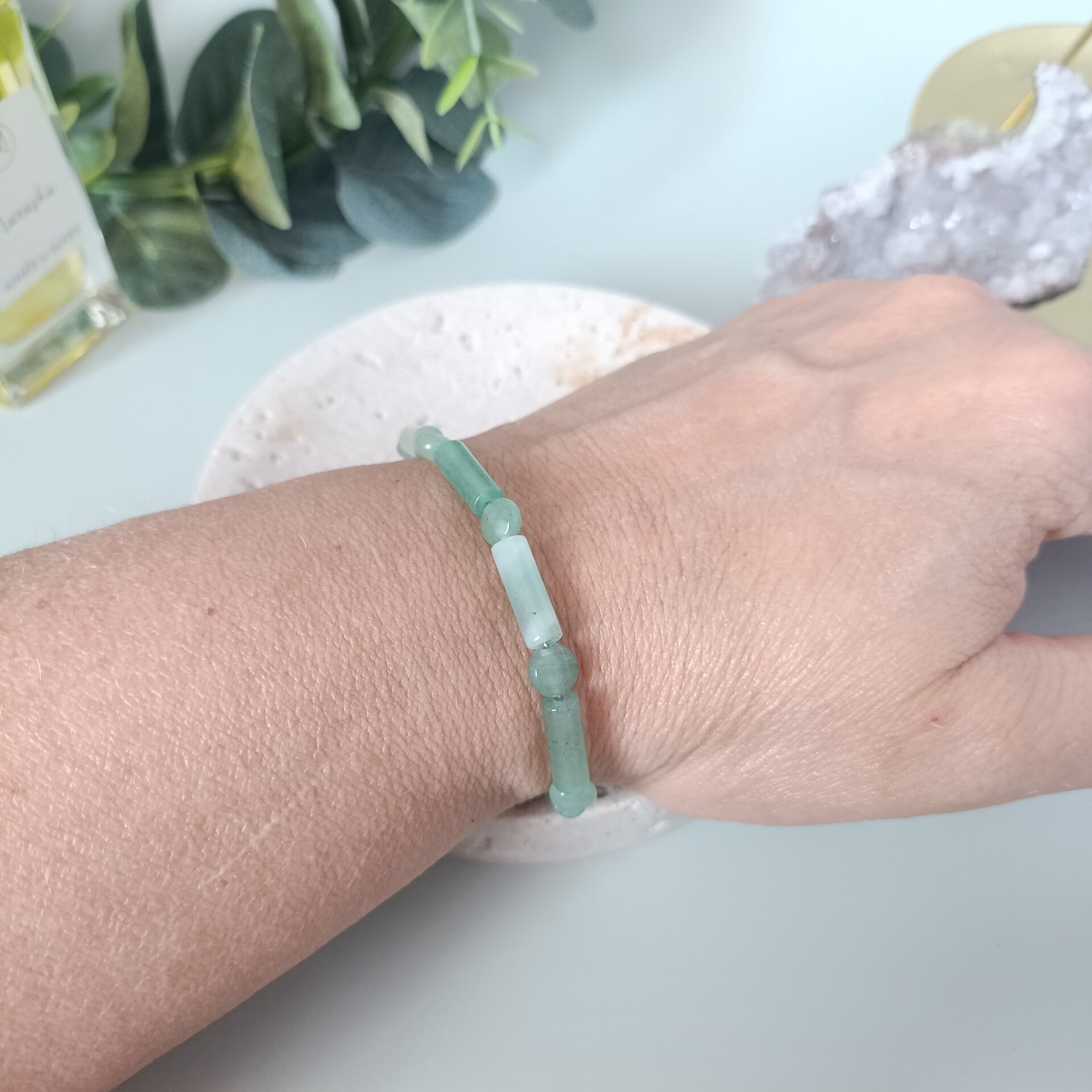 Bracelet Aventurine Verte et Acier Inoxydable - Perles Tubes & Facettées - 16 cm + Extension