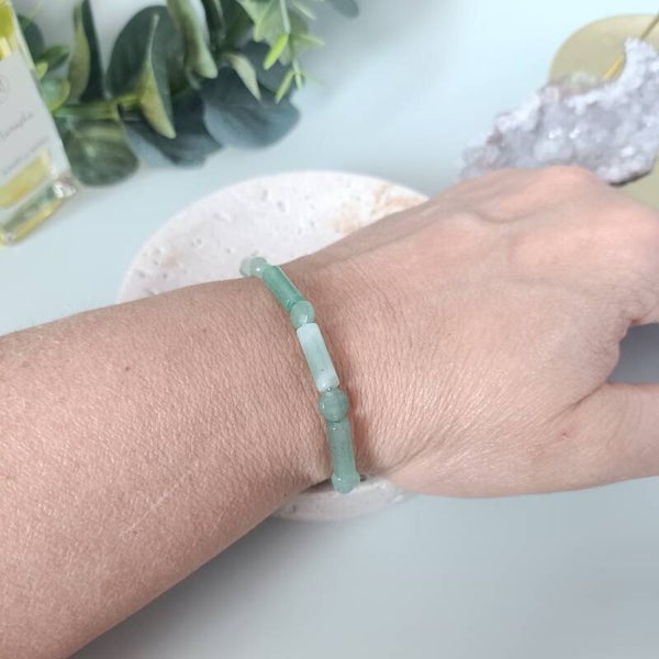 Bracelet Aventurine Verte et Acier Inoxydable - Perles Tubes & Facettées - 16 cm + Extension
