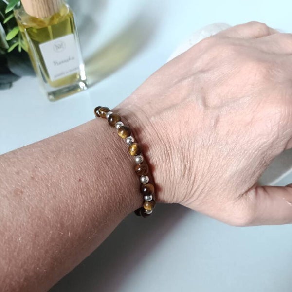 Bracelet Œil de Tigre 6mm (15+5cm) - Acier Inoxydable, Protection & Ajustable