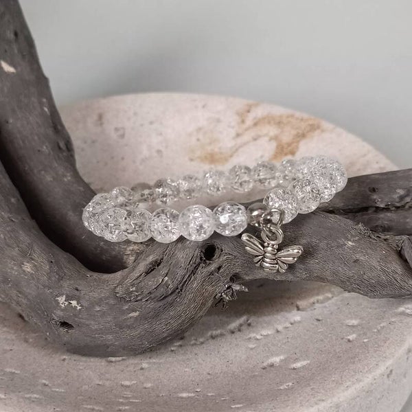 Bracelet Élastique en Quartz Craquelé et son Charme Abeille | Taille 13 cm