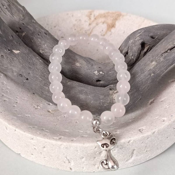 Bracelet Quartz Rose Naturel et Charm Chat - Élastique 13cm