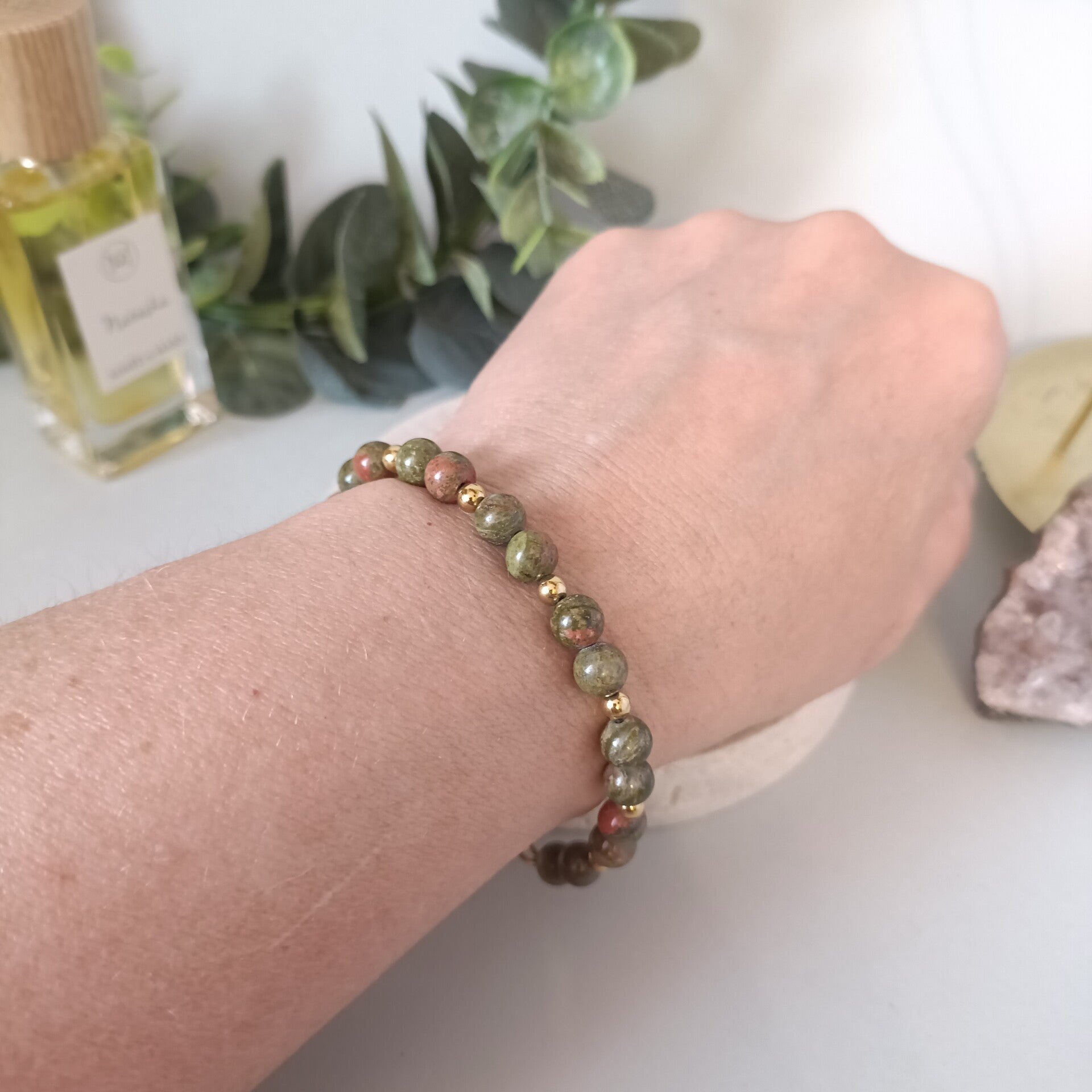 Bracelet Unakite Naturelle & Acier Inoxydable - Perles 6mm - Ajustable (16cm + 5cm)