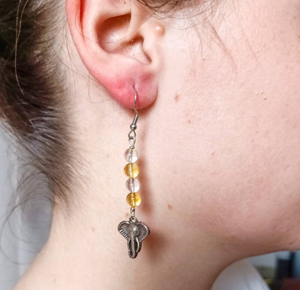Boucles d'Oreilles "Éléphant Sacré" – Citrine, Cristal de Roche & Acier Inoxydable
